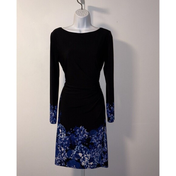 Lauren Ralph Lauren Dress Women's Black Blue Floral Long Sleeve Ruched Size 10P - Picture 2 of 12